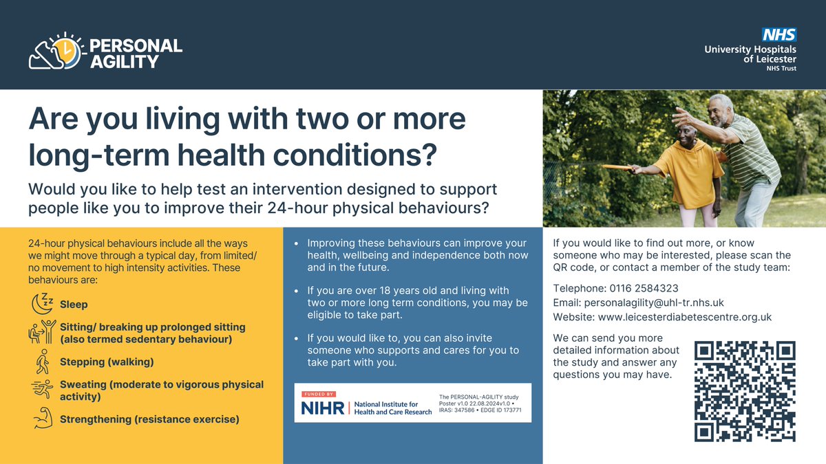 LDC_tweets's tweet image. Living with two or more long-term health conditions in the Hinckley & Bosworth or North West Leicestershire area?
Would you like to help test an intervention designed to support people to improve their 24-hour movement behaviours?
Contact us: 📩 personalagility@uhl-tr.nhs.uk