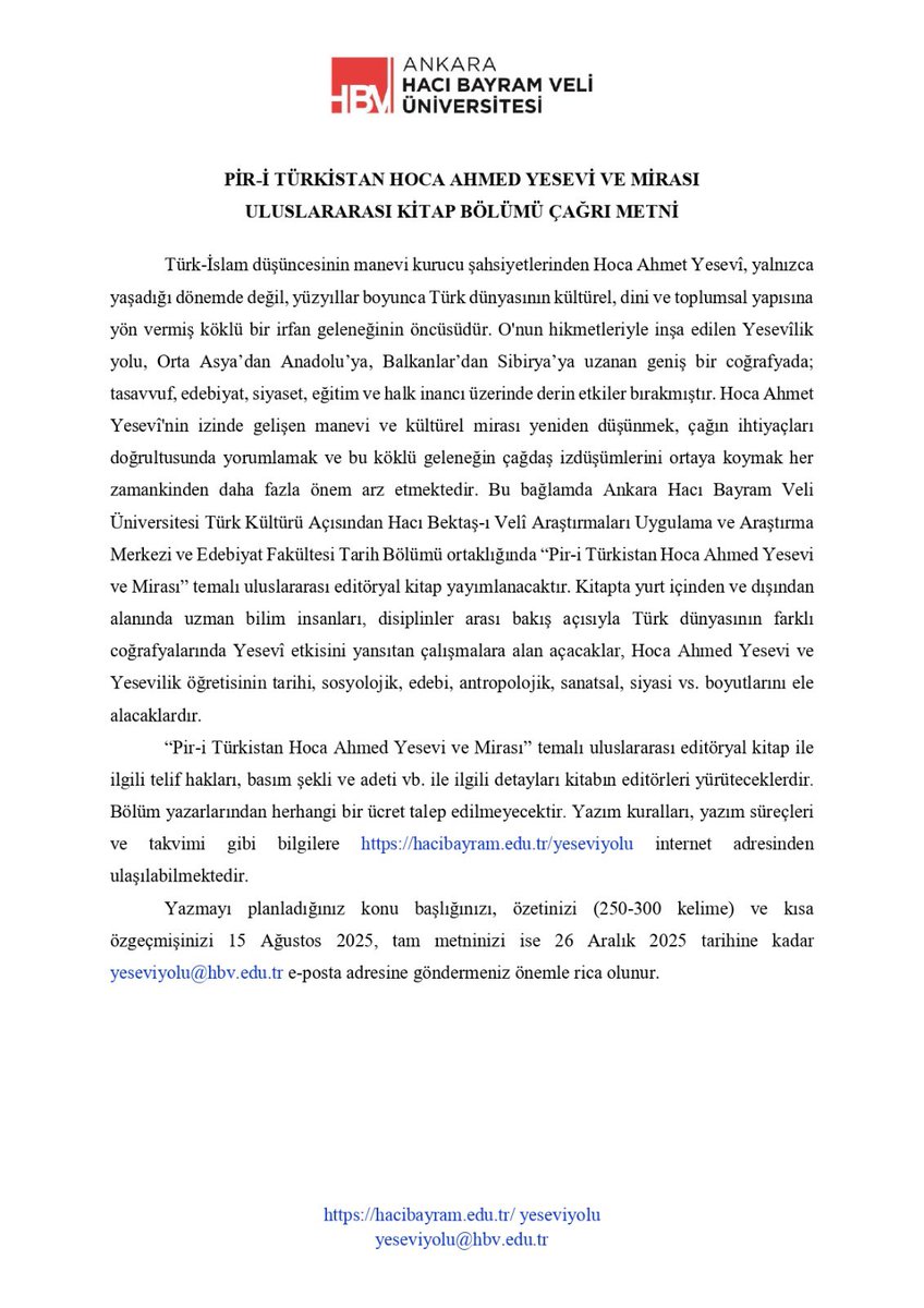 SadullahGulten's tweet photo. 📌Pir-i Türkistan Hoca Ahmed Yesevi ve Mirası

Uluslararası Kitap Bölümü Çağrısı 

🔗https://t.co/ZUyJfnrYRO

@hacibayramedutr 
@AHBVUHaciBektas 
@tarih_hbv https://t.co/ugmHRgMpvP