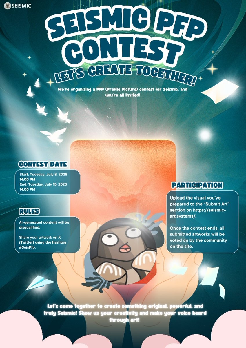 Let your art speak. Let the world see what <a href="/SeismicSys/">Seismic</a> means to YOU.
Seismic PFP Contest is LIVE!

🗓️ Contest: July 8 – July 15
🗳️ Voting: July 15 – July 17 

Tag with #seispfp
 
<a href="/NoxxW3/">Noxx</a> <a href="/xealistt/">Xealist</a>
<a href="/BharatWormie/">BHARAT.ip</a>