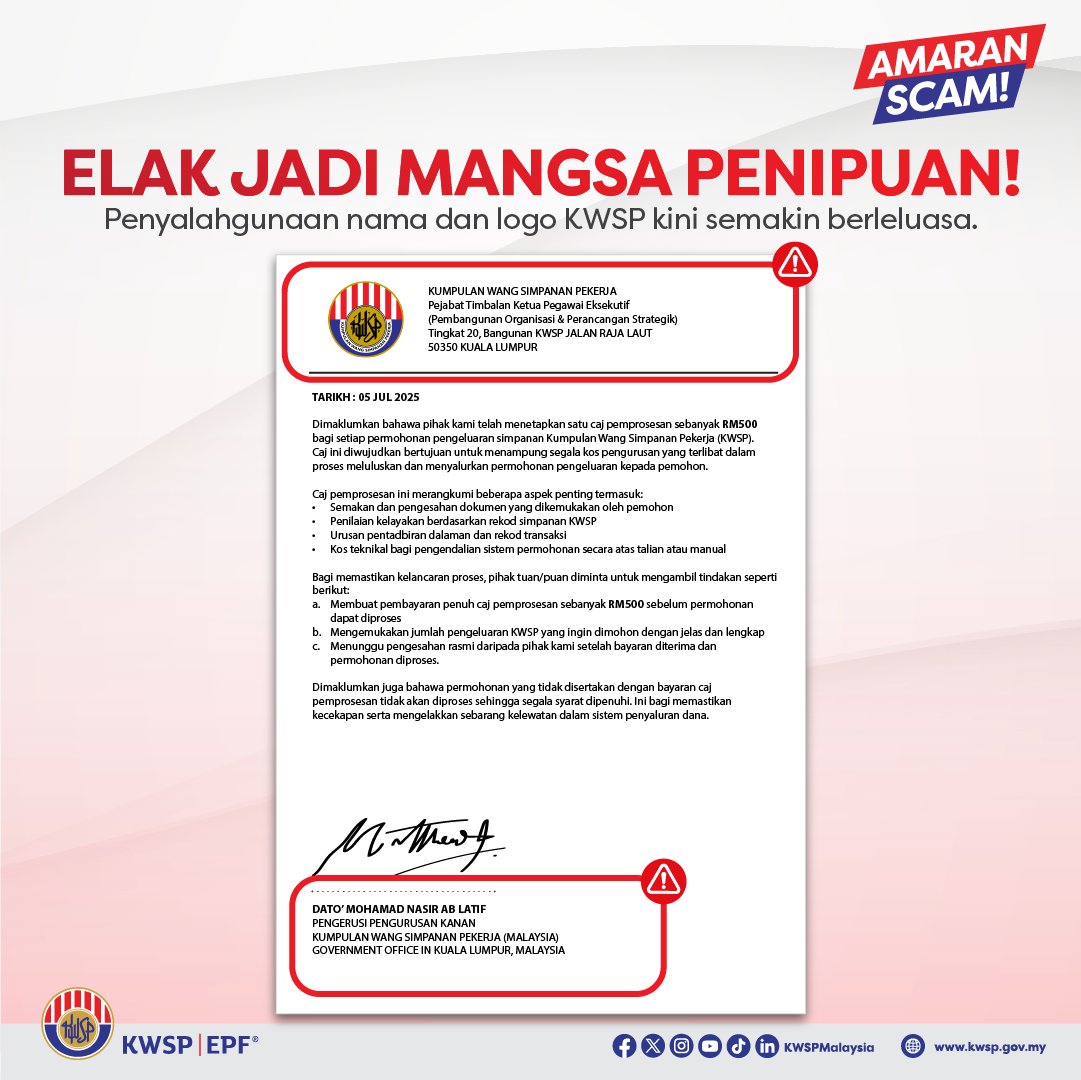 Nampak macam rasmi, tapi sebenarnya strategi penipuan terkini.

Penyamaran menggunakan nama dan logo KWSP oleh pihak tidak bertanggungjawab kini semakin berleluasa.