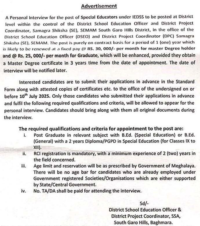 MegNIC (@meghalayagov) on Twitter photo Advertisement for the post of #SpecialEducators on #ContractualBasis under IEDSS to be posted at #SouthGaroHills District, #Baghmara <a href="/DiprMeghalaya/">DIPR Meghalaya</a> (cdn.s3waas.gov.in/s3a67f09680941…) Advertisement for the post of #SpecialEducators on #ContractualBasis under IEDSS to be posted at #SouthGaroHills District, #Baghmara <a href="/DiprMeghalaya/">DIPR Meghalaya</a> (cdn.s3waas.gov.in/s3a67f09680941…)