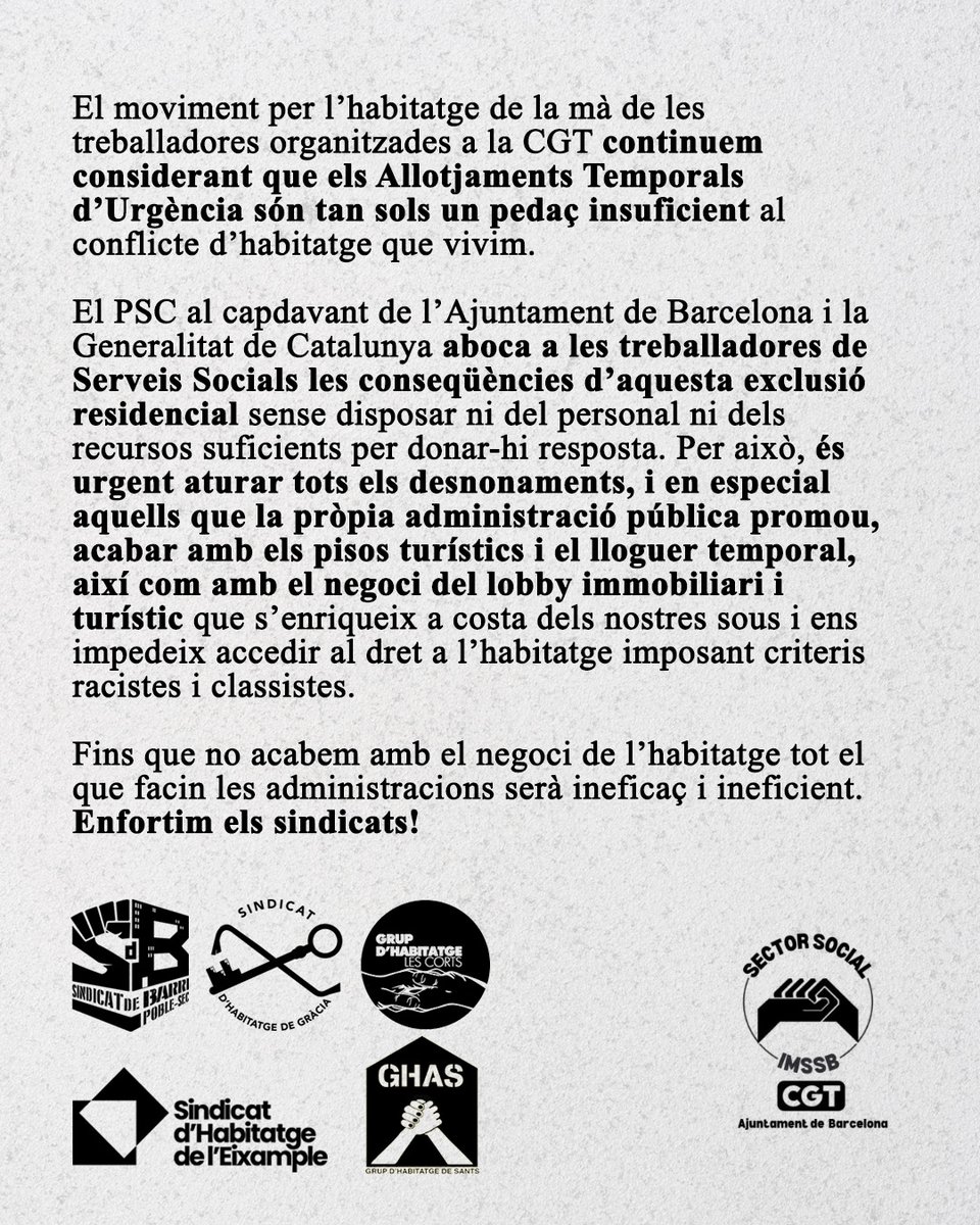 sh_lescorts's tweet photo. 📢COMUNICAT CONJUNT SINDICATS D’HABITATGE I TREBALLADORES CGT AJUNTAMENT https://t.co/y38AwJfQcm