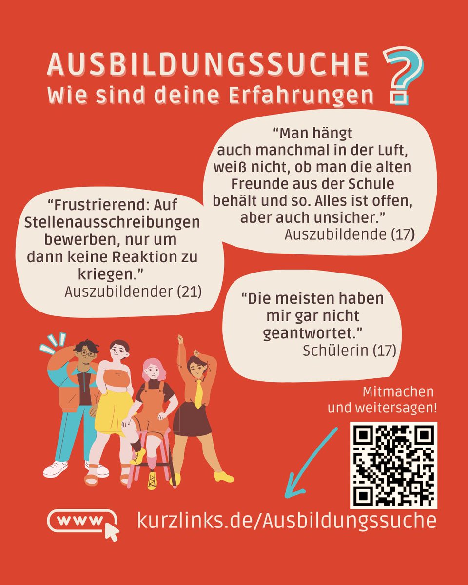 GStilling's tweet image. Frust bei der Ausbildungssuche?
Du bist nicht allein. Sag, wie’s dir geht. Mach mit bei der Umfrage oder leite es an junge Menschen in und um Berlin weiter, die es betrifft:
kurzlinks.de/Ausbildungssuc…
#Ausbildung #Jugendbeteiligung #Mitmachen #AusbildungJetzt #Ausbildungssuche