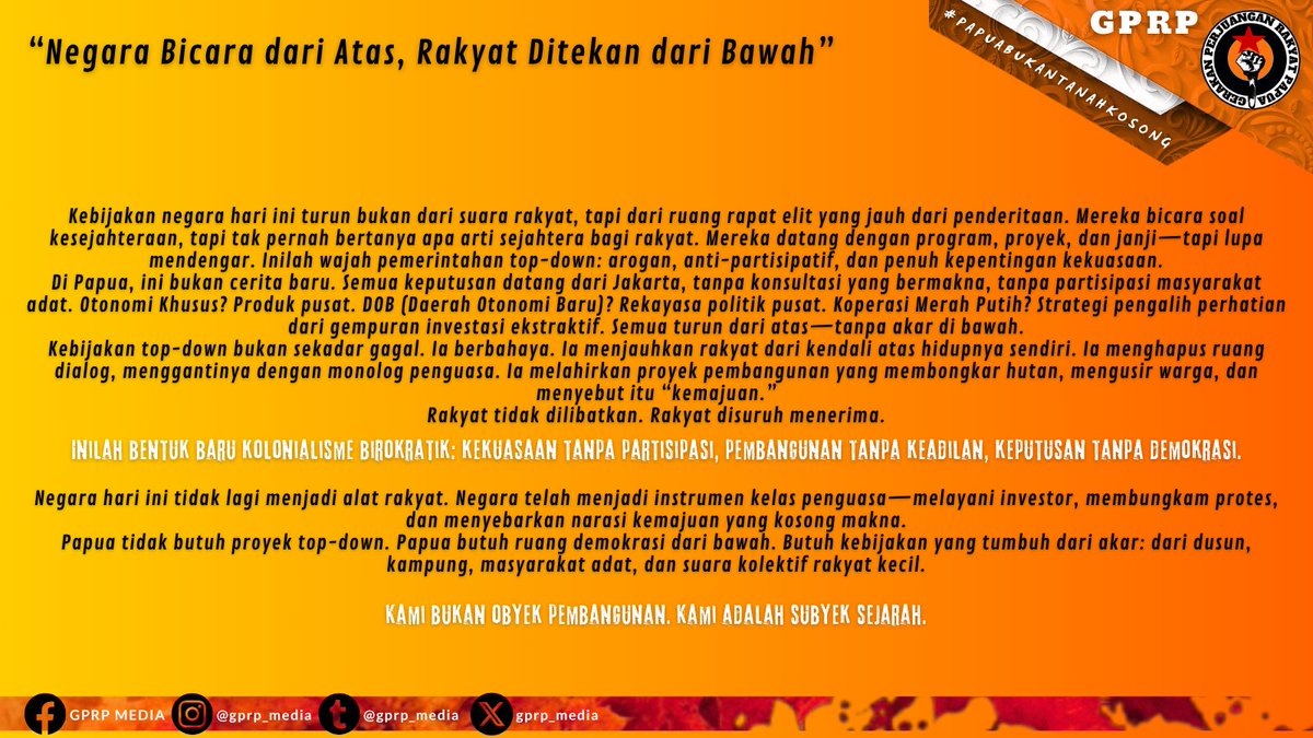 GPRP2022's tweet photo. Semua diatur oleh Negara, Rakyat dipaksakan untuk ikut.
Hasil akhir tidak sinkron malah picu problem yang kompleks.
#papuabukantanahkosong
#gerakan_perjuangan_rakyat_papua
#gerakanperjuanganrakyatpapua
#gprp
#neokolonialisme
#topdown
#westpapua
@pengikut
@prabowo https://t.co/5ZihXd5x2j