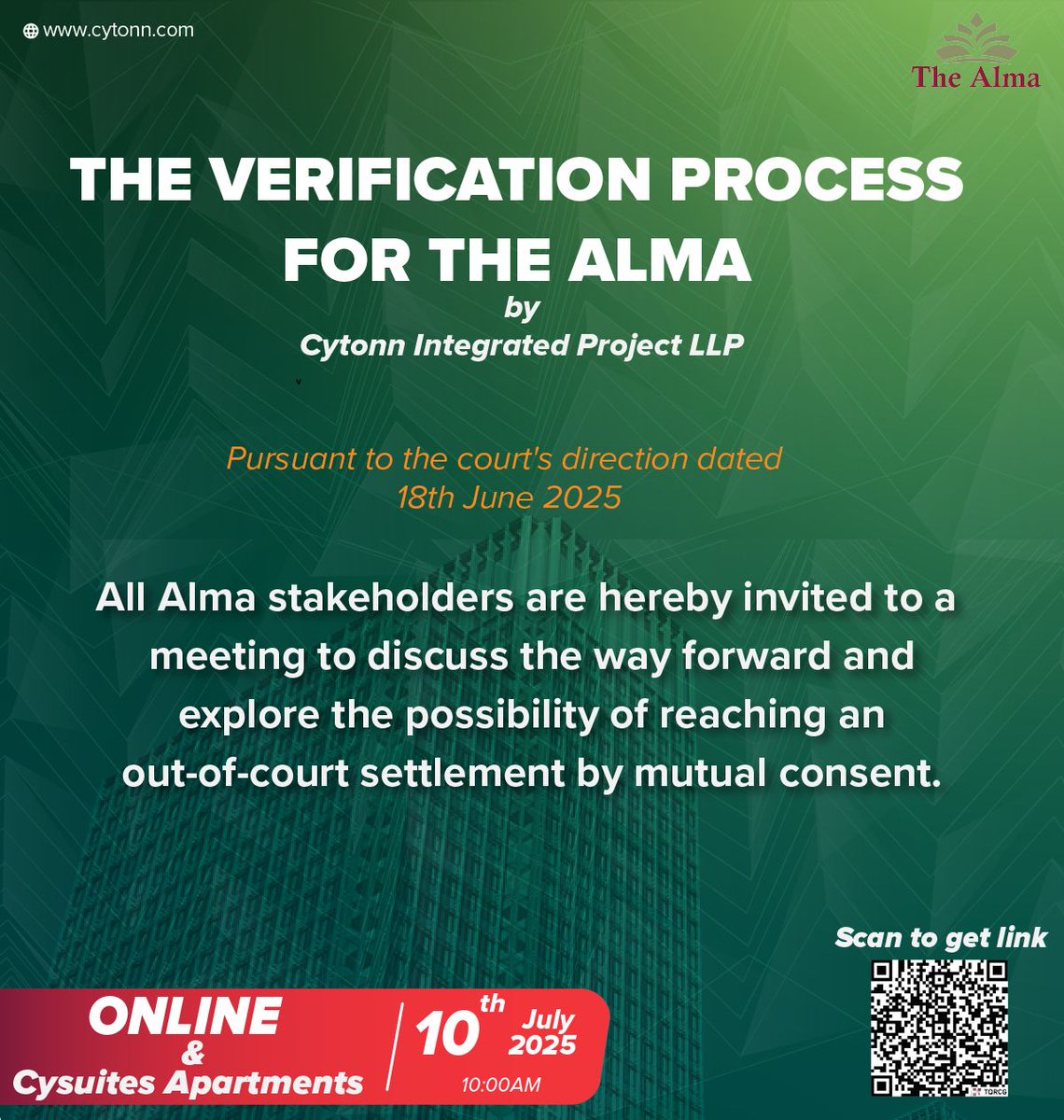 MEETING ON THE VERIFICATION PROCESS FOR ALMA
Pursuant to the Court’s Direction dated 18th June 2025

All ALMA stakeholders are hereby invited to a meeting to discuss the way forward regarding the verification process and to explore the possibility of reaching an out-of-court