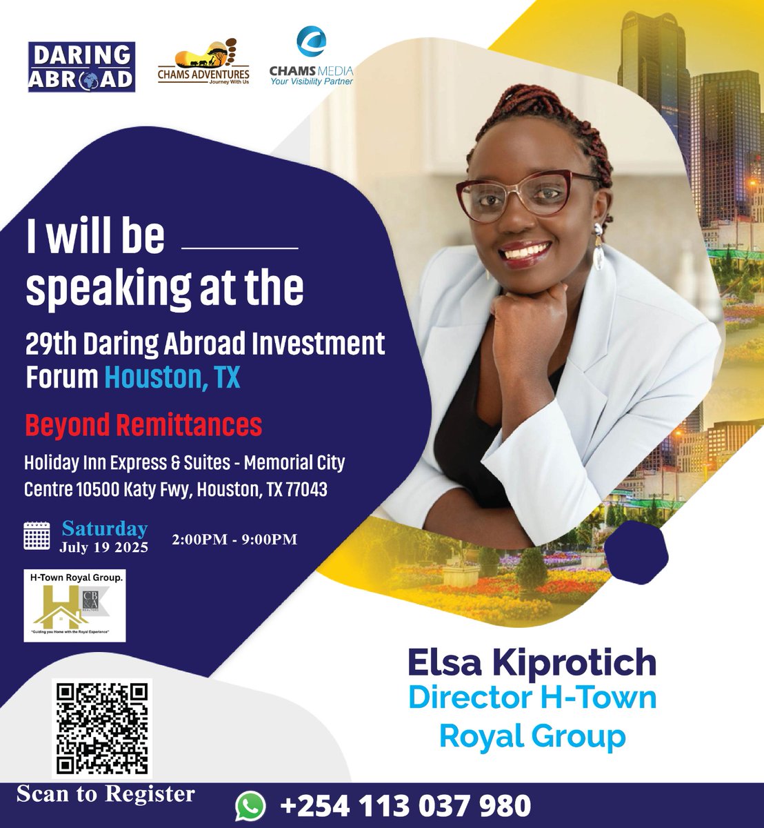 Chams Media (@chamsmedia) on Twitter photo Meet Elsa Kiprotich at the 29th Daring Abroad Investment Forum in Houston TX. Entry and Meals 49$. Register here to attend: 👇
chamsmedia.com/daring-abroad-…
#DaringAbroadForums
#BeyondRemittances
@ElsaBWilliams
<a href="/AlexChamwada/">AlexChamwada OGW, MBS</a>
<a href="/ChamsLodwar/">Chams Media Lodwar</a>
<a href="/ChamsAdventures/">Chams Adventures</a> Meet Elsa Kiprotich at the 29th Daring Abroad Investment Forum in Houston TX. Entry and Meals 49$. Register here to attend: 👇
chamsmedia.com/daring-abroad-…
#DaringAbroadForums
#BeyondRemittances
@ElsaBWilliams
<a href="/AlexChamwada/">AlexChamwada OGW, MBS</a>
<a href="/ChamsLodwar/">Chams Media Lodwar</a>
<a href="/ChamsAdventures/">Chams Adventures</a>