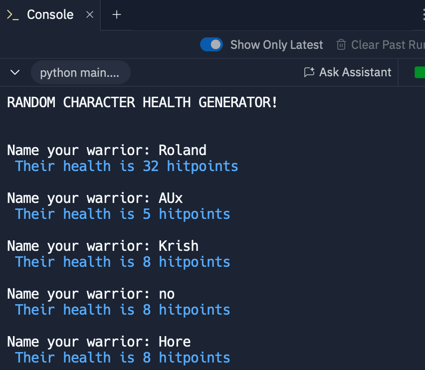 Built a character health stats generator to prepare for the epic battle in 3 days!! Day 25  of #Replit100DaysOfCode #100DaysOfCode. Join me on <a href="/Replit/">Replit ⠕</a> join.replit.com/python