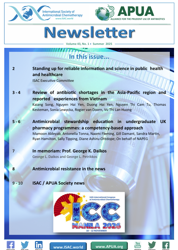ISAC_world's tweet image. The ISAC / @APUANews Newsletter 🌍💊

🔹 Standing up for science in public health
🔹 #Antibiotic shortages in Asia-Pacific
🔹 #AMR education in UK pharmacy
🔹 In memoriam: Prof. George K. Daikos
🔹 Plus: Latest AMR &amp;amp; ISAC updates

📖 Read now: tinyurl.com/44jcyfey
