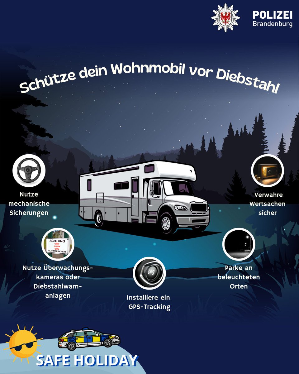 🚐 Wohnmobil-Urlaub geplant? Doch Obacht: Wohnmobile sind bei Dieben beliebt!
Schützen Sie sich: 
✅Mechanische Sicherungen
✅Wertsachen sicher verstauen
✅Beleuchtete Stellplätze
✅Alarm- &amp; Kamerasysteme
✅GPS-Tracking zur Ortung

So reisen Sie sicher. Wir wünschen #SafeHoliday
