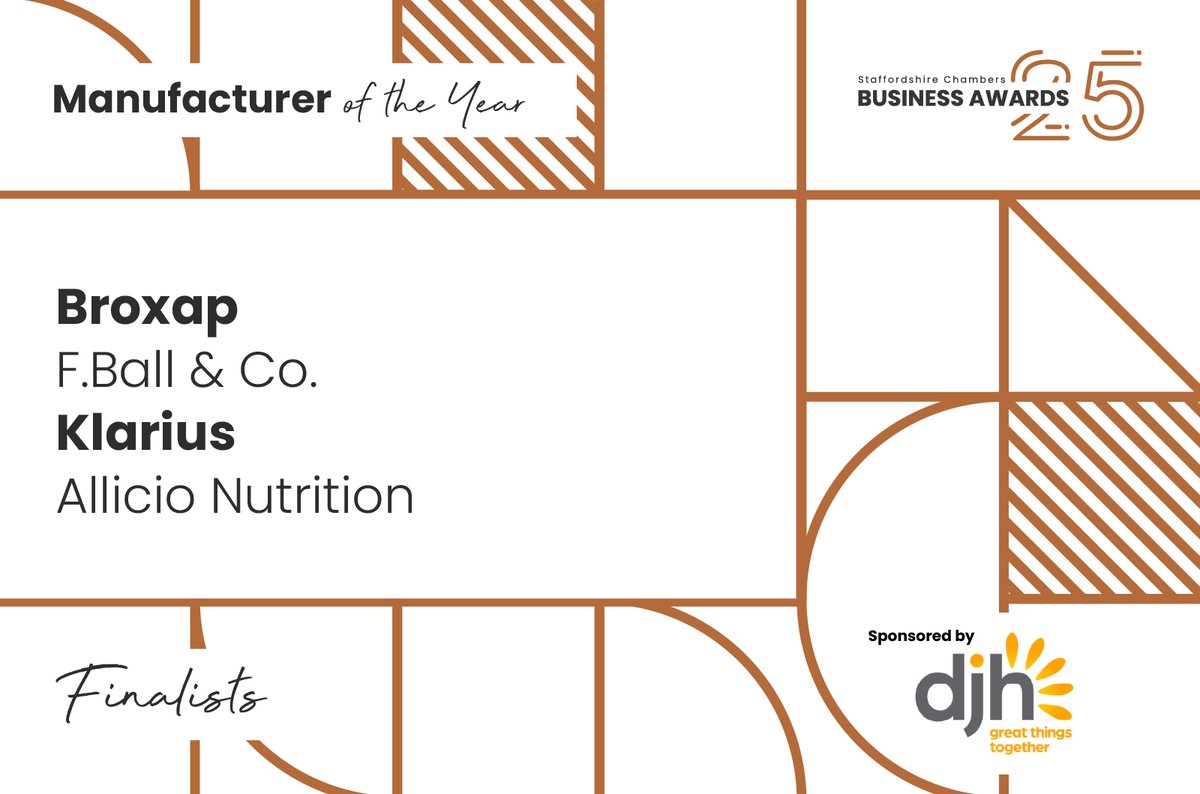 There's only one day to go until this year's <a href="/StaffsChambers/">Staffordshire Chambers of Commerce</a> Business Awards!

We’re thrilled to be sponsoring the ‘Manufacturer of the Year’ Award. 🏆

A huge congratulations and good luck to all of our finalists - Broxap, F. Ball and Co. Ltd., Klarius and Allicio Nutrition! 👏