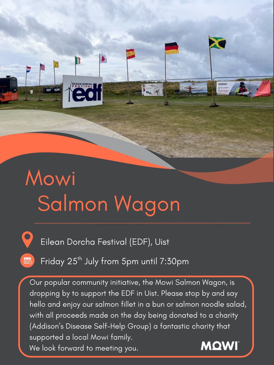 #WesternIsles  – the Salmon Wagon will be at  Eilean Dorcha Festival  25 July🍣
Come get some delicious dinner prior to the evening music extravaganza😊
We are fundraising for a cause close to our hearts and are very proud to be supporting not only EDF but also our #local team🧡