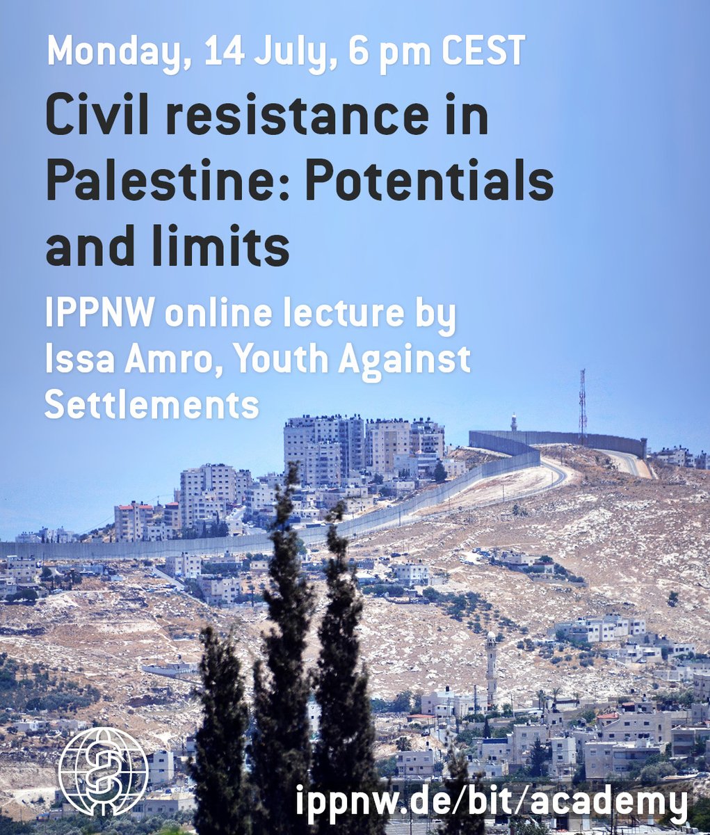 IPPNWgermany's tweet image. Monday, 14 July | 6pm CEST, online: Civil resistance in Palestine. Potentials and limits. IPPNW online lecture by Issa Amro, human rights defender and laureate @rightlivelihood 2024.
👉Register here: ippnw.de/bit/academy
@Issaamro #palestine