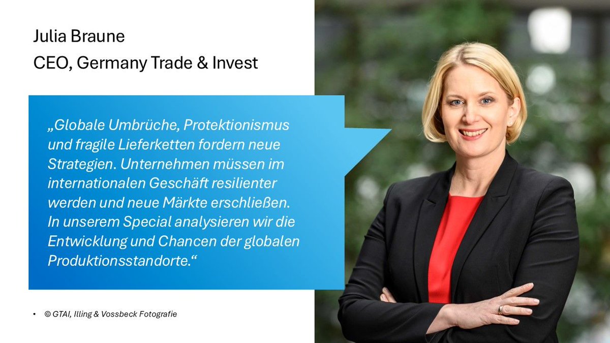 🌍 Globale Produktion im Wandel: Wo lohnt sich künftig zu investieren?
Das neue #GTAI-Special zeigt, welche Länder als Absatz- &amp; Zuliefermärkte gewinnen – von #Mexiko bis #Usbekistan. Jetzt lesen! 👉 gtai.de/de/trade/welt/…

#Industriestandorte #Lieferketten #Wirtschaftsanalyse