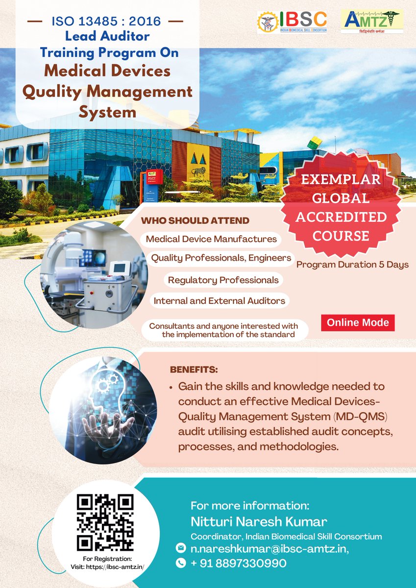 Join "Lead Auditor Training Program on Medical Devices Quality Management System" to enhance your #expertise in #medical #device #quality #management with the <a href="/ibsc_skill/">IBSC</a> 
#comprehensive #online #training program on 18-20th,25-26th July Registration Link: ibsc-amtz.in/coursedetails/…