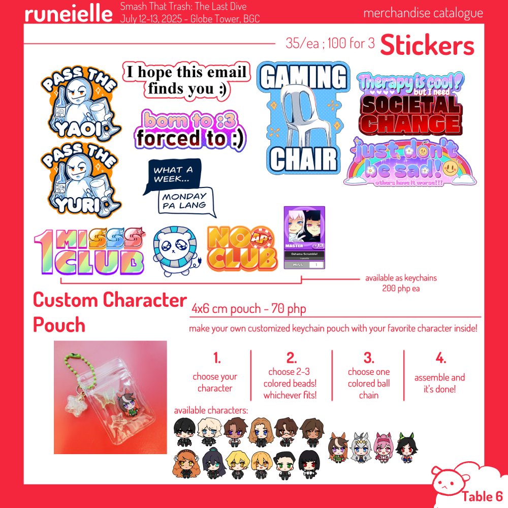 runeielle's tweet photo. will be tabling at @SmashThatBlank with @arzenpai this weekend (july 12-13) at the globe tower, bgc!
here's my catalog for the event and hope to see u there ! https://t.co/FZpvjZz2YQ