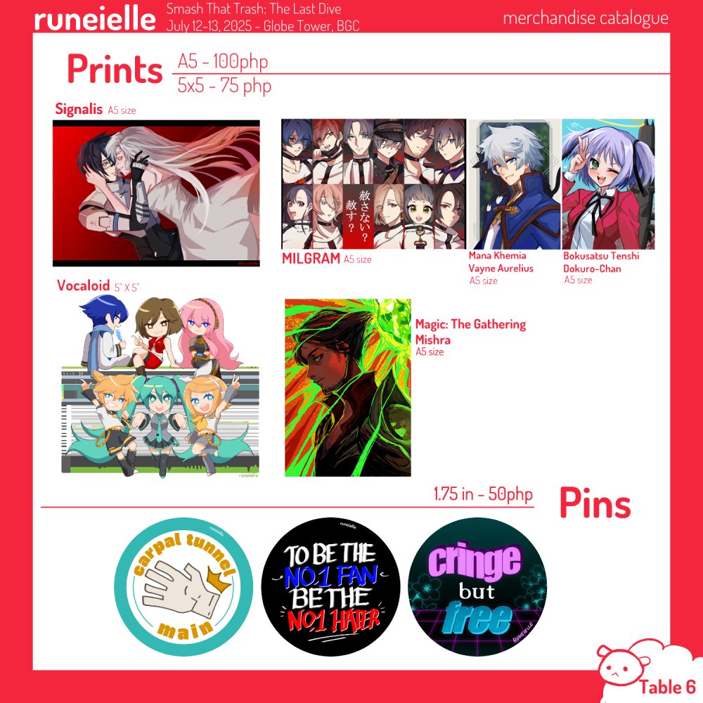 will be tabling at <a href="/SmashThatBlank/">SmashThat Blank</a> with <a href="/arzenpai/">zen 🌟🇵🇭 VGEN COMMS 🙏</a> this weekend (july 12-13) at the globe tower, bgc!
here's my catalog for the event and hope to see u there !