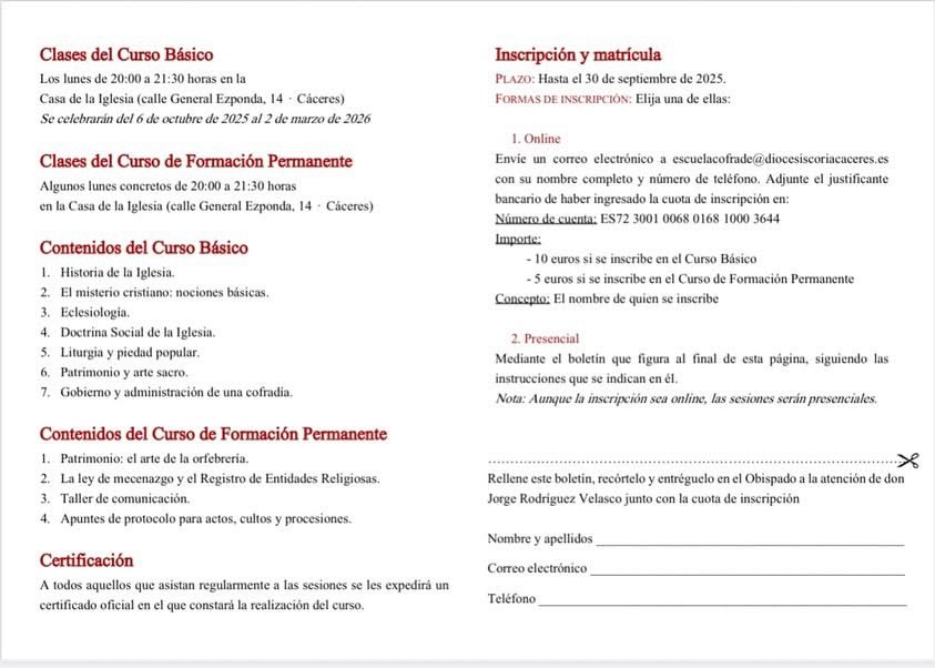 cofradiavaquero's tweet image. ❗️📣 Ya está abierto el plazo de matrícula 2025-2026 de la Escuela Diocesana Cofrade de @CoriaCCDiocesis, tanto para el Curso Básico como para el Curso de Formación Permanente.
¡No te quedes sin ella!