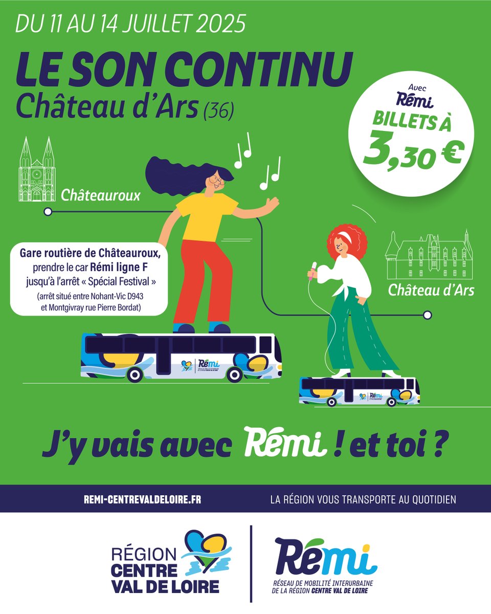 🎶 Direction le Festival Le Son Continu au Château d’Ars (36) avec Rémi !

📅 Du 11 au 14 juillet
🚍 Cars Rémi 36 entre Châteauroux et le festival (arrêt spécial « Festival »)
🎟 3,30 €/trajet

ℹ️ rcvl.fr/Remi-Festival-…

Avec Rémi, la musique commence dès le trajet ! 🎻