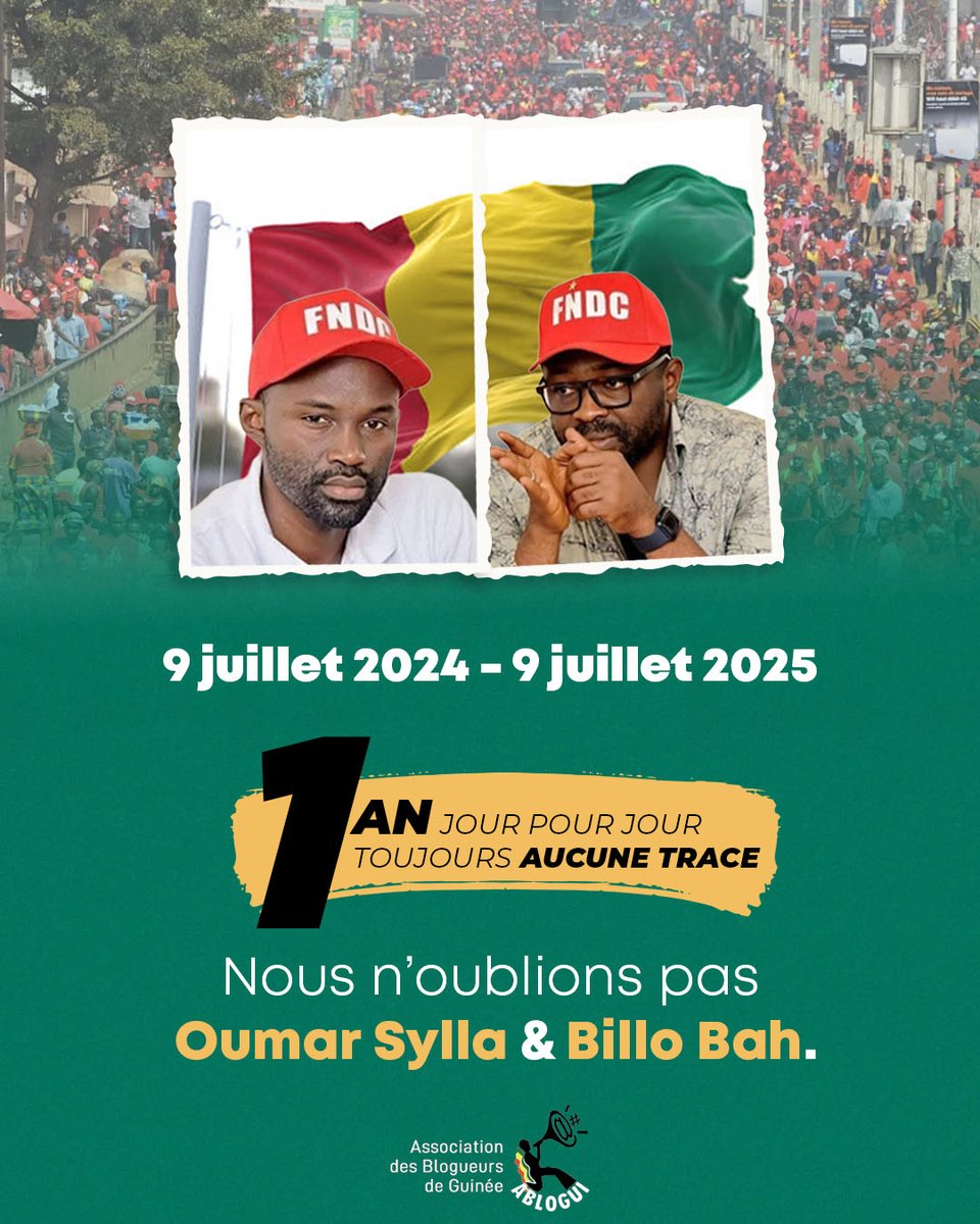 ablogui's tweet image. 🕯️ 9 juillet 2024 – 9 juillet 2025
 Un an jour pour jour. Toujours aucune trace.
 📢 Nous n’oublions pas Oumar Sylla &amp;amp; Billo Bah.
#Kibaro #ABLOGUI