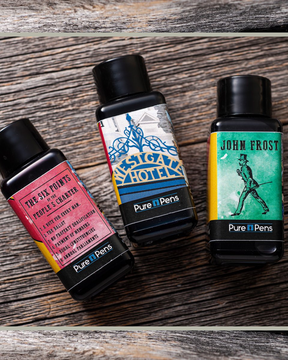 Pure Pens Exclusive - Chartist Inks collection. Made up of 3 inks to celebrate our 17th anniversary and commemorate the 1839 Chartist Uprising in our hometown of Newport, South Wales.
Shop here >> tinyurl.com/75cezuzw

#purepens #fountainpenink #fountainpen #fountainpens
