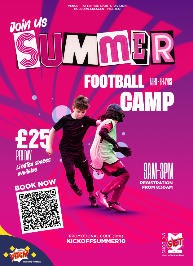 Summer Holiday Football Camp is coming!

🗓️ July 28th - 29th August 2025 -☀️⚽Monday - Friday during Summer ⚽☀️
🏟️ Tattenhoe Sports Pavilion
🕘 9am - 3pm
👦👧 U8 to U14

Book now by clicking on the link!👉zurl.co/Ko6X1 

#MiltonKeynes #Summer #Community #MKdons