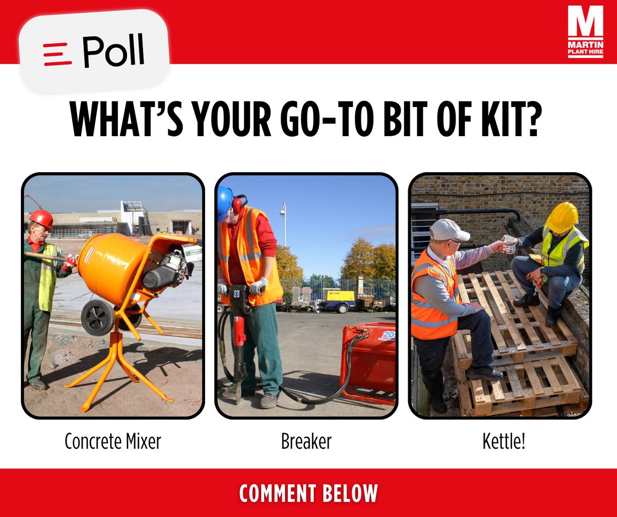 MartinPHire's tweet image. 💪 “What’s your go-to bit of kit you can’t live without on-site?”
 - Mini Digger
 - Concrete Mixer
 - Breaker
 - The kettle (obviously)
Comment below!👇
 
#ToolTalk #EssentialGear #MartinPlantHire