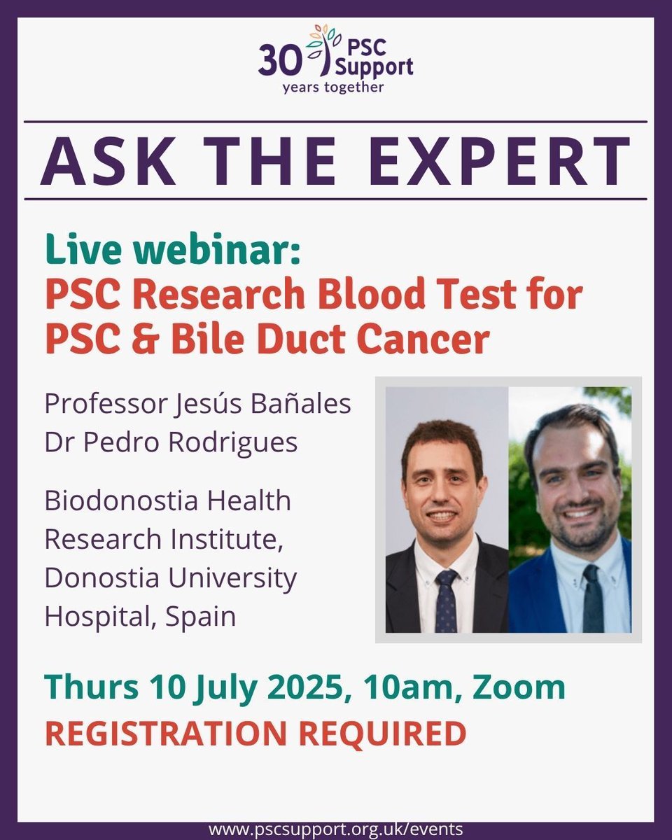PSC Support (@pscsupportuk) on Twitter photo A simple blood test for bile duct cancer could be life-changing for people with PSC. We’re funding research to develop one. Hear directly from the experts behind it <a href="/JesusMBanales/">Jesus Bañales</a> <a href="/PMRodrigues19/">Pedro Rodrigues</a> 🗓️ 10 July | ⏰10am | 📍Zoom
➡️ buff.ly/saU4lSd
#LetsBeatPSC @biodonostia A simple blood test for bile duct cancer could be life-changing for people with PSC. We’re funding research to develop one. Hear directly from the experts behind it <a href="/JesusMBanales/">Jesus Bañales</a> <a href="/PMRodrigues19/">Pedro Rodrigues</a> 🗓️ 10 July | ⏰10am | 📍Zoom
➡️ buff.ly/saU4lSd
#LetsBeatPSC @biodonostia