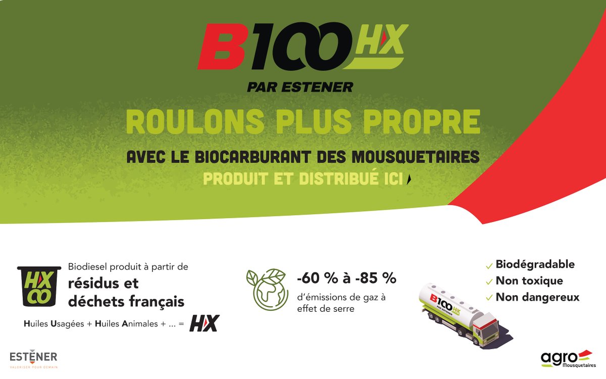 🚛💚 Pendant que vous prenez la route des vacances, notre usine Estener approvisionne nos flottes de camions au B100HX, un biocarburant 100 % renouvelable produit au Havre.

Depuis 2024, une nouvelle cuve permet d'éviter 3 000 tonnes de CO₂, soit l'équivalent de 500 tours du