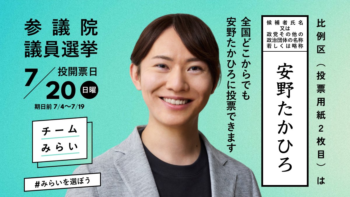 ／
全国どこからでも「 #安野たかひろ 」
「 #チームみらい 」に投票できます！
＼

党首・安野たかひろは今回の参院選に、全国比例で出馬しています。チームみらいの候補者がいない選挙区でも、投票が可能です！

比例（ 投票用紙2枚目 ）は、「安野たかひろ」または「みらい」とお書きください！