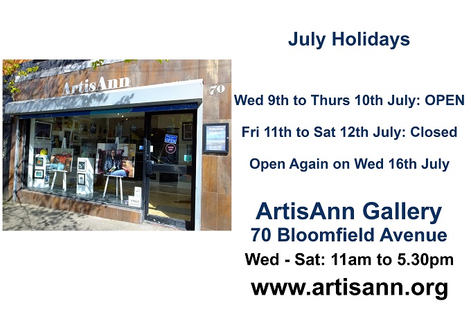 We’re OPEN Wed 9th and Thurs 10th July
11am to 5.30pm
(closed 11th/12th July)

ArtisAnn Gallery, ​70 Bloomfield Avenue, Belfast, BT5 5AE
artisann.org

#art #artist #artgallery #gallery
#painting #landscape #portrait #sculpture
#belfast #northernireland #ireland