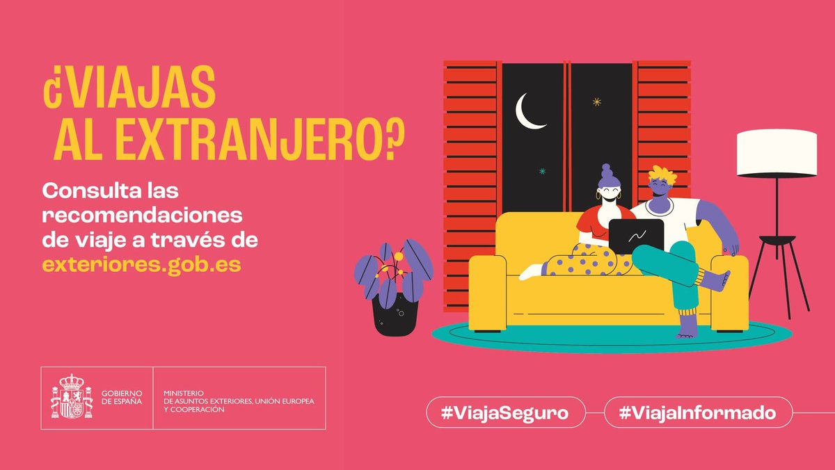 ✈️ ¿Tienes pensado viajar al extranjero este verano?

🧳 Recuerda consultar las recomendaciones de viaje por país del <a href="/MAECgob/">Ministerio de Asuntos Exteriores, UE y Cooperación</a>.
 
#ViajaSeguro y #ViajaInformado.

ℹ️ Para Finlandia consulta: 

exteriores.gob.es/Embajadas/hels…