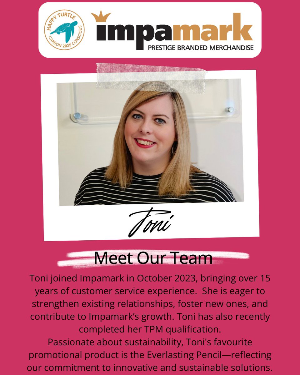 🌟 Meet the Team - Toni 🌟

Meet Toni, our dedicated team member who joined Impamark in October 2023 with over 15 years of customer service experience! 💼 

#MeetTheTeam