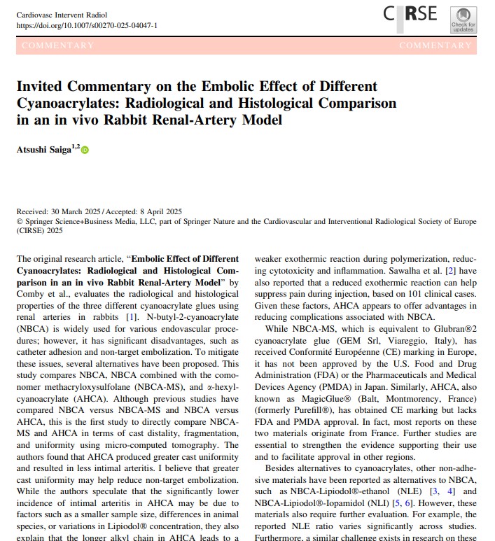 Invited Commentary on the Embolic Effect of Different Cyanoacrylates: Radiological and Histological Comparison in an in vivo Rabbit Renal-Artery Model
link.springer.com/article/10.100…