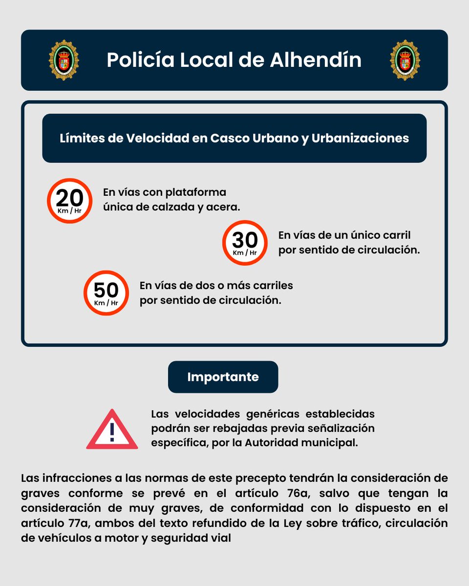🚨 Campaña Especial de Control de Velocidad
Se controlarán los excesos de velocidad con radar móvil.
Multas de 100 € a 600 €.
Respeta los límites:
➡️ 20 km/h en vías con calzada y acera única
➡️ 30 km/h en vías de un carril por sentido
➡️ 50 km/h en vías de varios carriles