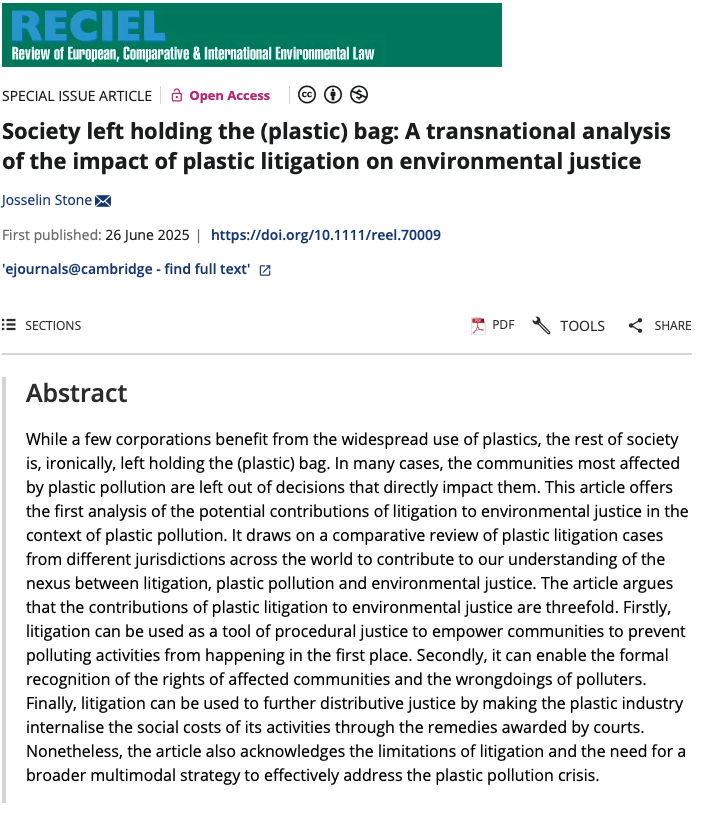 RECIELjournal's tweet image. Can the courtroom become the frontline of global plastics accountability?

A new @RECIELjournal article by Josselin Stone tracks how litigation is reshaping environmental justice, one case at a time.

📖 Open Access: doi.org/10.1111/reel.7…