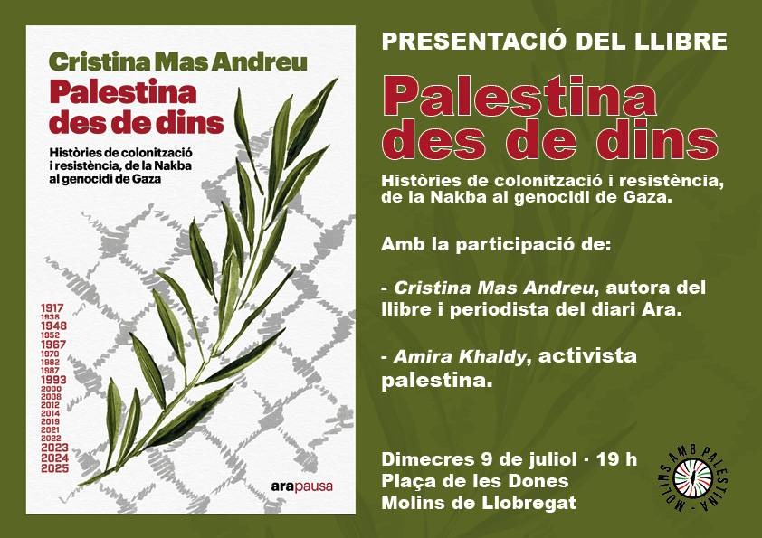 Aquesta tarda parlarem de #Palestina amb <a href="/Oblakoo1b/">Amira</a>  a Molins de Llobregat. Gràcies Molins amb Palestina per l'acollida.