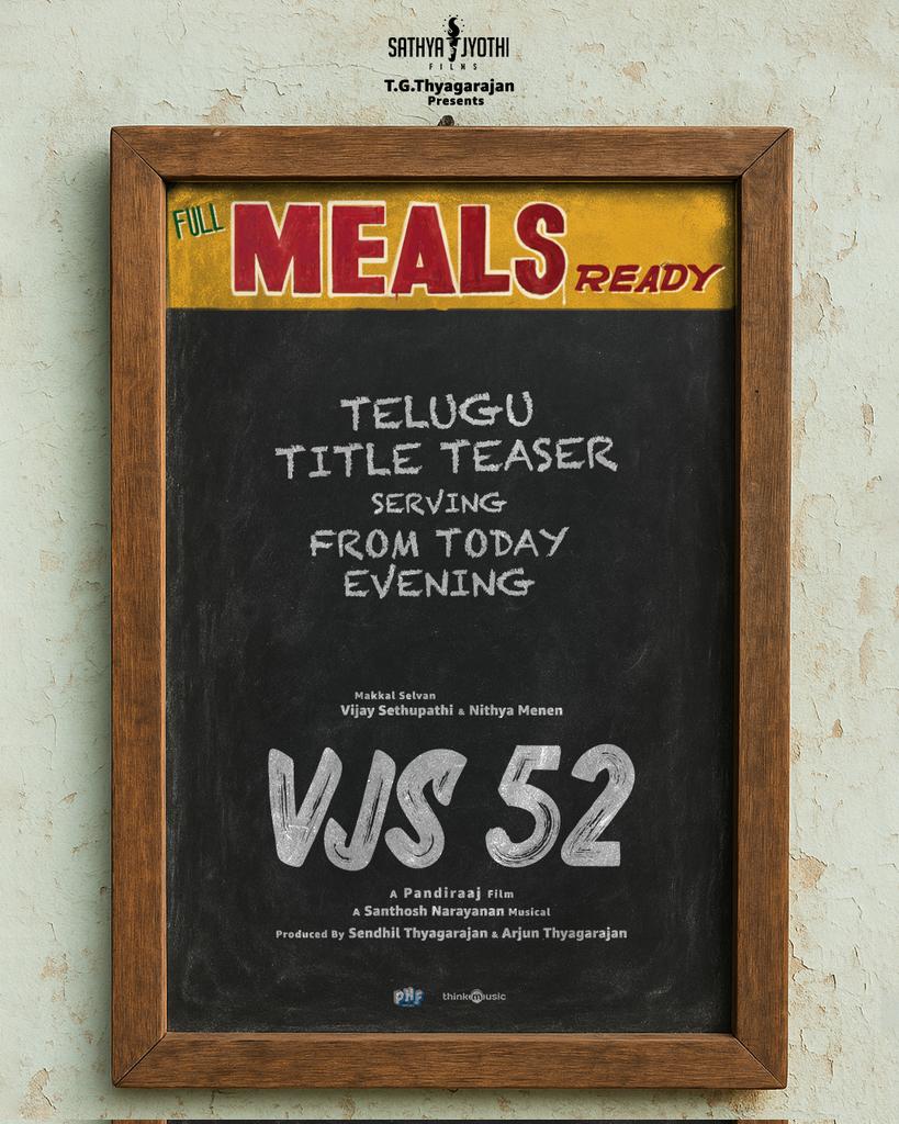 Sathya Jyothi Films (@sathyajyothi) on Twitter photo An absolute treat awaits for you! #VJS52 telugu title teaser releasing today evening 🫶
<a href="/VijaySethuOffl/">VijaySethupathi</a> <a href="/MenenNithya/">Nithya Menen</a> <a href="/pandiraaj_dir/">Pandiraaj</a> <a href="/Music_Santhosh/">Santhosh Narayanan</a> <a href="/PradeepERagav/">Pradeep E Ragav</a> <a href="/studio9_suresh/">RK SURESH</a> <a href="/mynnasukumar/">M Sukumar</a> <a href="/thinkmusicindia/">Think Music</a>
#thalaivanthalaivii An absolute treat awaits for you! #VJS52 telugu title teaser releasing today evening 🫶
<a href="/VijaySethuOffl/">VijaySethupathi</a> <a href="/MenenNithya/">Nithya Menen</a> <a href="/pandiraaj_dir/">Pandiraaj</a> <a href="/Music_Santhosh/">Santhosh Narayanan</a> <a href="/PradeepERagav/">Pradeep E Ragav</a> <a href="/studio9_suresh/">RK SURESH</a> <a href="/mynnasukumar/">M Sukumar</a> <a href="/thinkmusicindia/">Think Music</a>
#thalaivanthalaivii