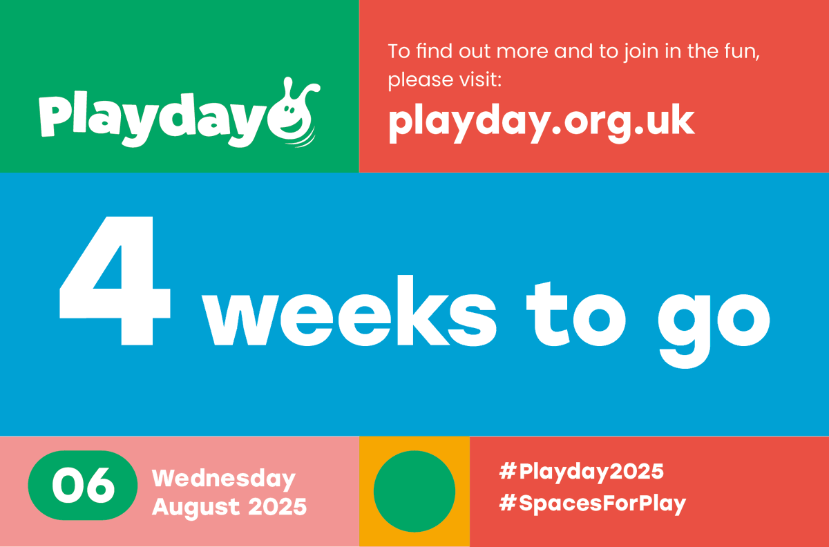 🎉 Just 4 weeks to go until #Playday2025!

This year’s theme is Spaces for Play – calling for more inclusive, accessible places where children can play freely, feel welcome, and connect with others.

Let’s celebrate the power of play on 6 August! 🛝🌿 #SpacesForPlay