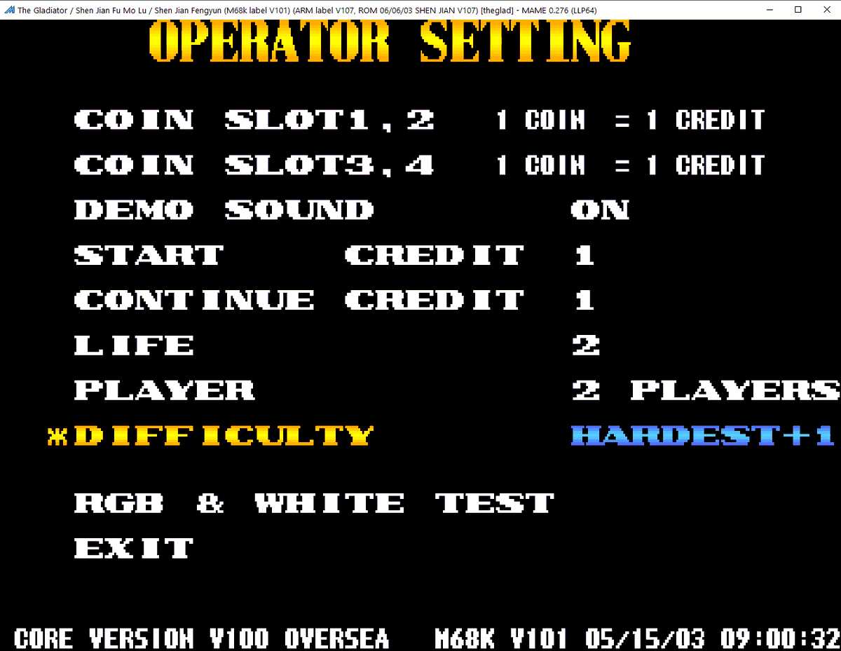 TheRealPasky's tweet photo. I just reverse engineered Shen Jian's secret difficulty password.  Hover over the difficulty selection in the operator menu.  

Hold P1 Start while inputting:

Player 2:  Button 2, Button 2, Button 2, Button 1, Button 2, Button 3.  

This will enable "Hardest" and "Hardest+1" https://t.co/epgyNhRGOA