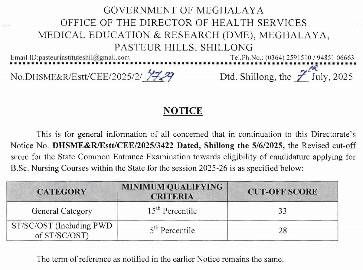 MegNIC (@meghalayagov) on Twitter photo Notice - #Revised cut-off score for the State Common Entrance #Examination towards eligibility of candidature applying for #BScNursing Courses within the State for the session 2025-26 <a href="/DiprMeghalaya/">DIPR Meghalaya</a> <a href="/meghalayahealth/">Meghalaya Health</a> (meghealth.gov.in/news/DHSMER-Es…) Notice - #Revised cut-off score for the State Common Entrance #Examination towards eligibility of candidature applying for #BScNursing Courses within the State for the session 2025-26 <a href="/DiprMeghalaya/">DIPR Meghalaya</a> <a href="/meghalayahealth/">Meghalaya Health</a> (meghealth.gov.in/news/DHSMER-Es…)