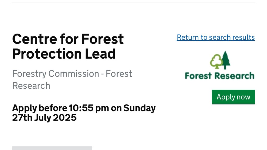 Science management job: 
Centre for Forest Protection Lead
Forestry Commission - Forest Research and Royal Botanic Garden Kew 
Deadline: 27th July 2025
Salary:£ 47,252 - £50,927 civilservicejobs.service.gov.uk/csr/index.cgi?…