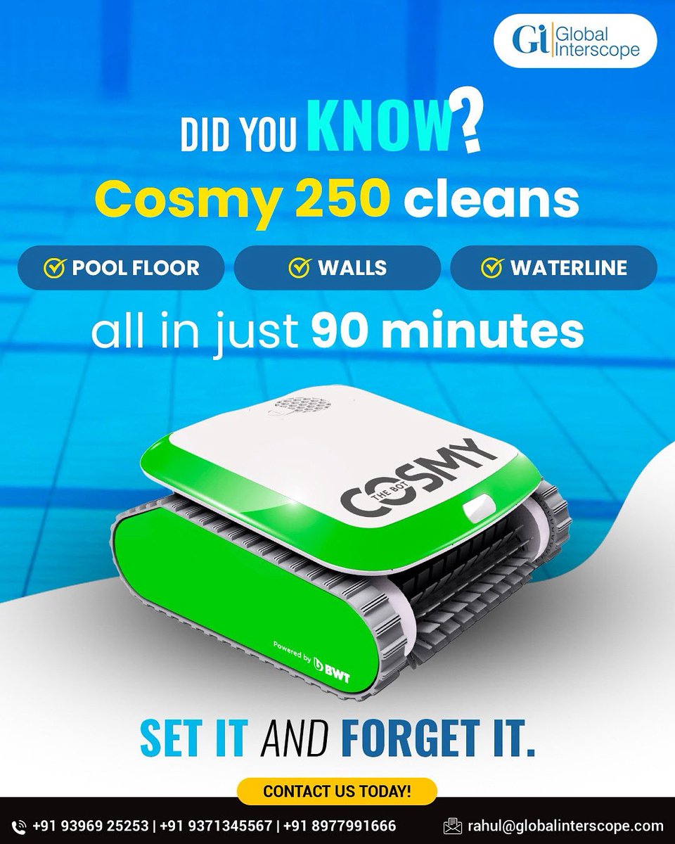 GInterscope's tweet photo. Did you know your entire pool can be sparkling clean in just 90 minutes? 🤯 
Smart cleaning, zero stress — that’s pool care done right.

📲 Contact Global Interscope to automate your pool today!

#Cosmy250 #GlobalInterscope #RoboticPoolCleaner #SmartPoolTech #LuxuryPoolGear https://t.co/GmqmAREnSI