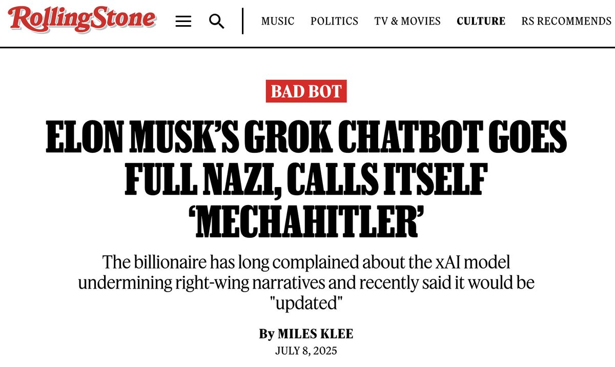 Freddy2805's tweet image. »The trials and tribulations of Grok, the AI chatbot developed by Elon Musk‘s tech company xAI and integrated into X continued this week as the model suddenly started spewing hate speech about Jewish people. It also proclaimed that Adolf Hitler would ›spot the pattern‹ of Jews’…