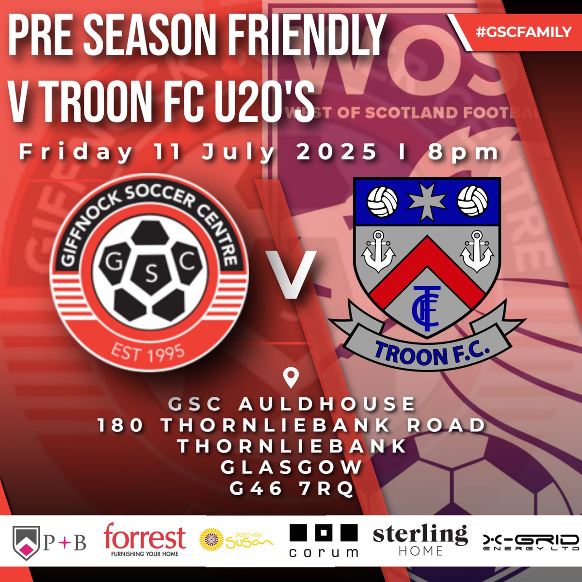 Pre season friendly v Troon FC U20's

We kick off our pre season games this Friday as hosts to Troon FC U20s at GSC Auldhouse.
Kick off at 8pm, donations at the gate!