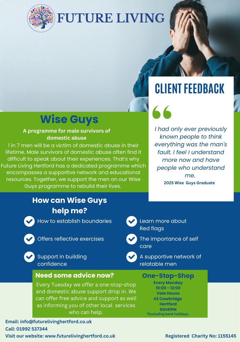 Our next Wise Guys Programme will be starting in September. The programme is an invaluable resource which brings men together who understand each other in a safe and non-judgmental environment.

#FutureLivingHertford #SupportformenHertfordshire #malesurvivorsofdomesticabuse