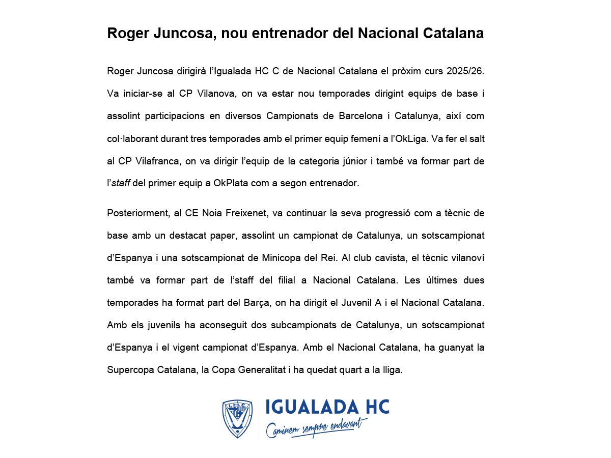 💙BENVINGUT ROGER❤️

Roger Juncosa dirigirà l’Igualada HC C de Nacional Catalana el pròxim curs. Les últimes dues temporades ha format part del Barça, on ha dirigit el Juvenil A i el Nacional Catalana, com a vigen campions del C.ESP,  la Supercopa Catalana i la Copa Generalitat.