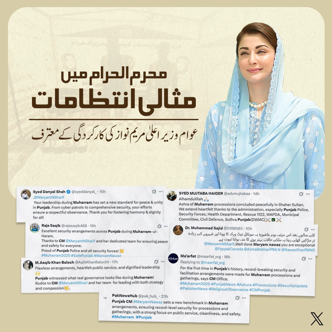 محرم الحرام میں مثالی انتظامات

عوام وزیر اعلیٰ مریم نواز کی کارکردگی کے معترف