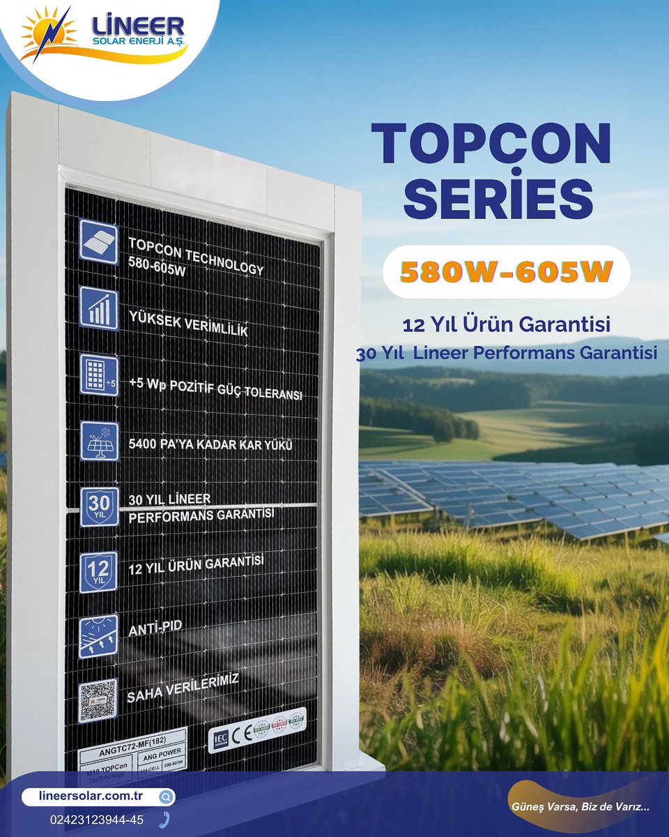🔋 Yüksek Verimlilik, Uzun Ömür!

✅ TOPCON Teknolojisi
✅ +5Wp Pozitif Güç Toleransı
✅ 5400 Pa'ya kadar kar yükü dayanımı
✅ 12 Yıl Ürün Garantisi
✅ 30 Yıl Lineer Performans Garantisi
✅ Anti-PID Teknolojisi

Enerjiye güvenle yatırım yapmak isteyenler için ideal çözüm!