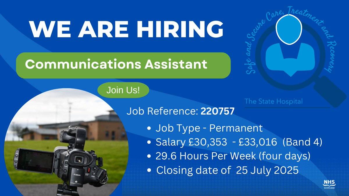 TheStateHospit1's tweet image. LAST CHANCE TO JOIN OUR FABULOUS IN-HOUSE TEAM. We are looking for a Communications Assistant to support all aspects of communications and public relations activity, with specific responsibility for social media and video production.
apply.jobs.scot.nhs.uk/Job/JobDetail?…