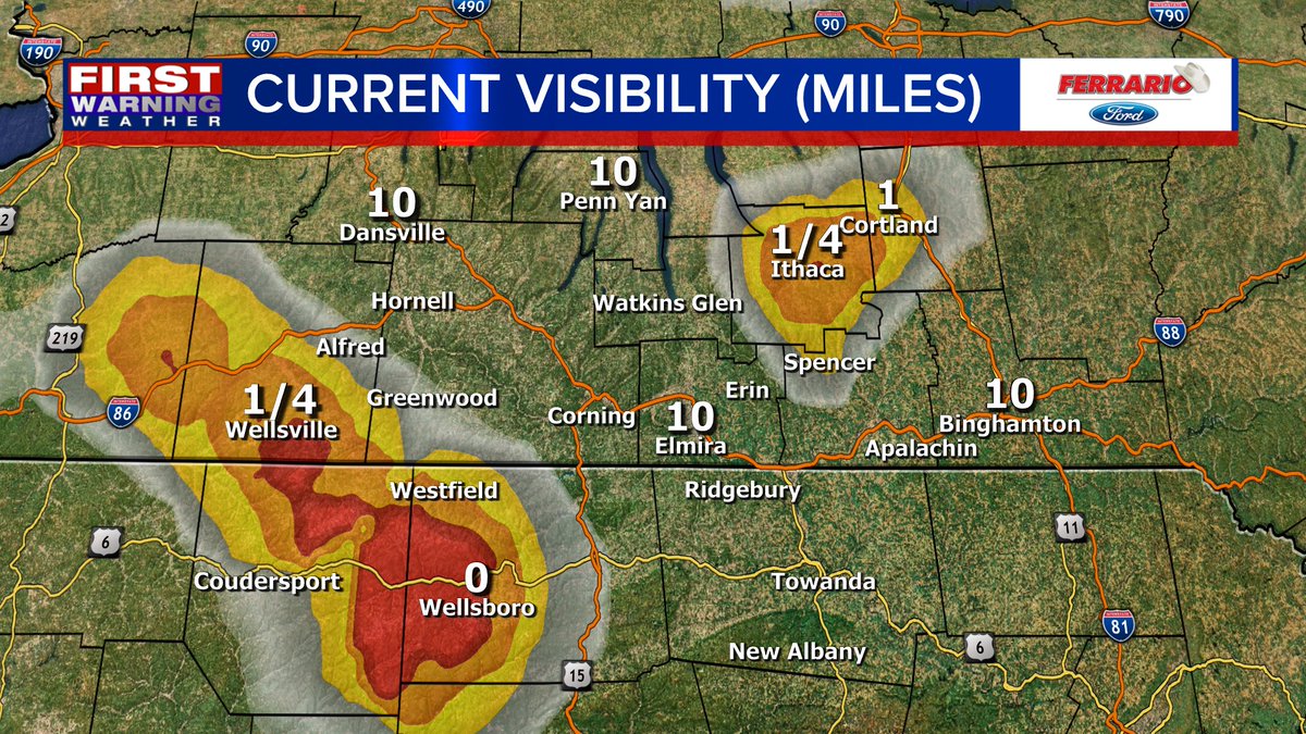 Dense fog is currently impacting several communities in our area, especially in Tompkins and Tioga (PA) counties. Dew points remain in the 60s this morning and skies are overcast, helping keep moisture near the surface.